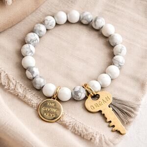 Kate Mesta Beaded Bracelet GIVE THANKS Charm Boho Howlite Stone Stretch Bracelet